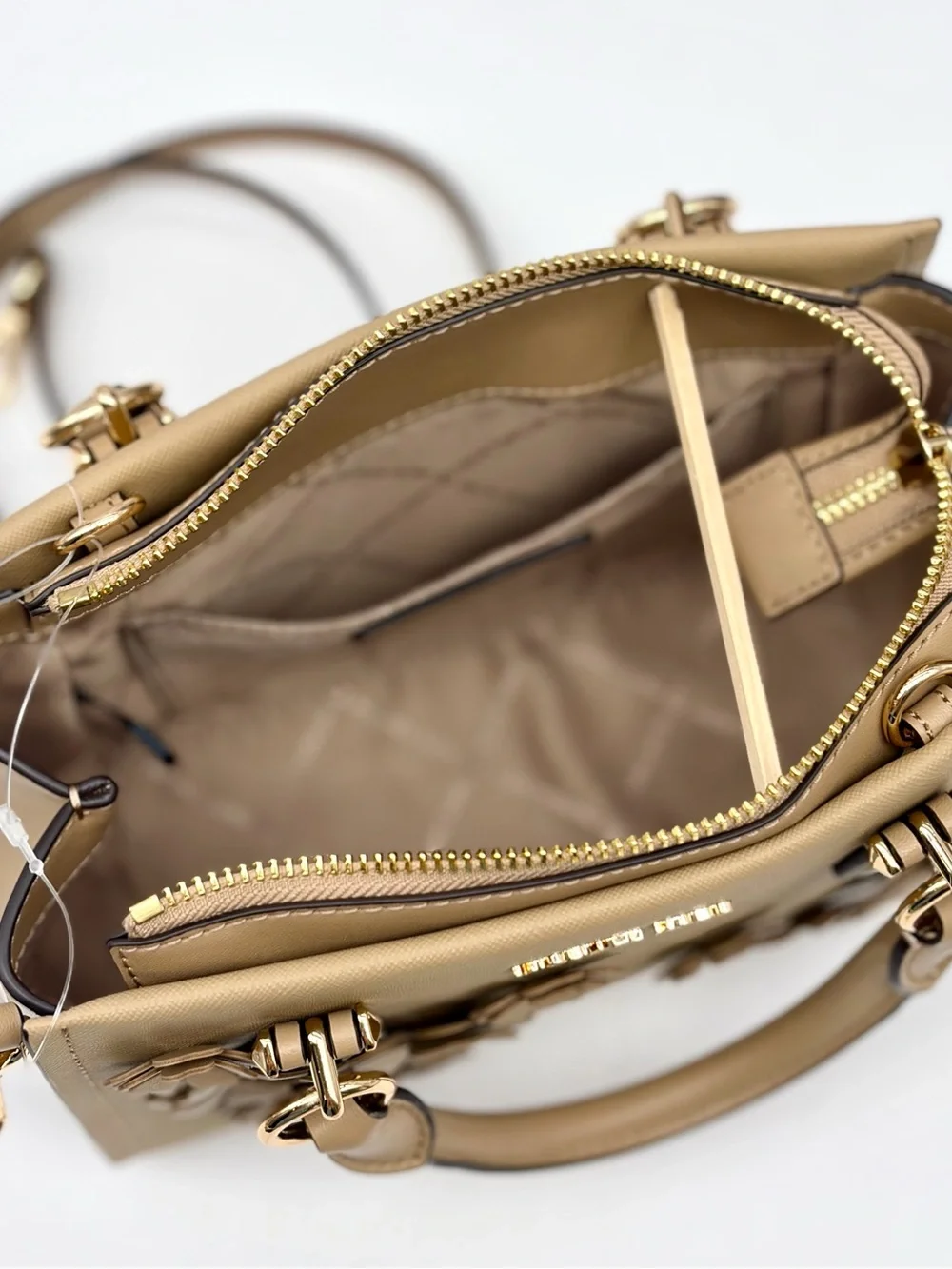 MICHAEL KORS Marilyn Small Floral Embellished Satchel Crossbody Bag Camel NWT